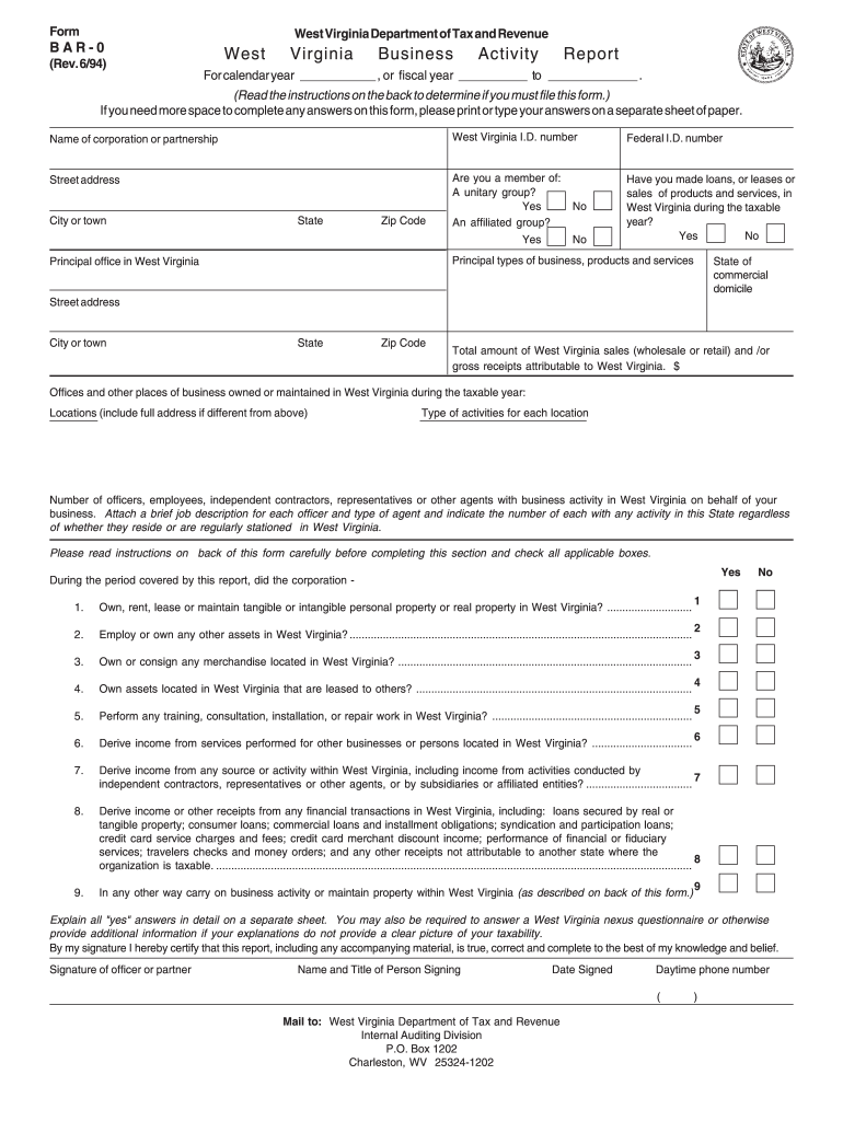 Form West Virginia Department of Tax and Revenue BAR 0 West