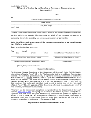 Affidavit of Authority to Sign for a Company  Form