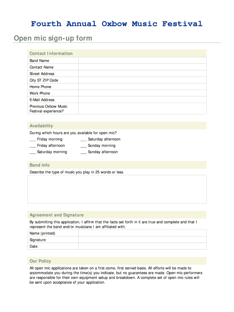 Open Mic Sign Up Sheet  Form