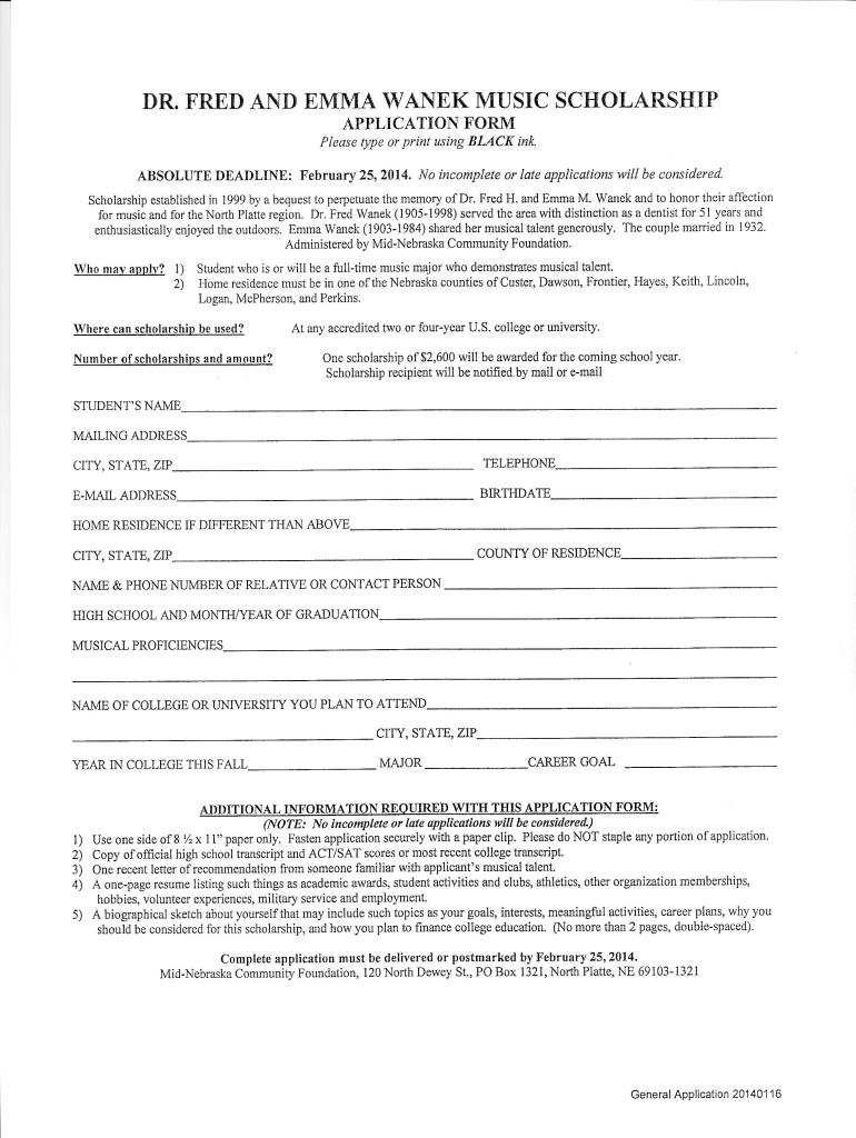 Drfred and Emma Wanek Music Scholarship Form