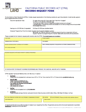 California Public Records Act Cpra Records Request Form HCID Los Lahd Lacity