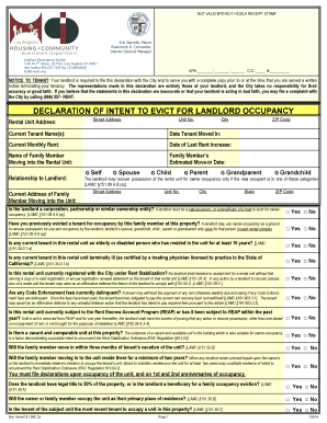 Declaration of Intent to Evict for Landlord Occupancy  Form