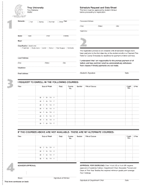 Troy University Schedule Request and Data Sheet I REQUEST to  Form