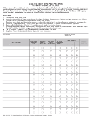 67 95 CACFP Master List of Enrolled Children Illinois State Board Isbe  Form