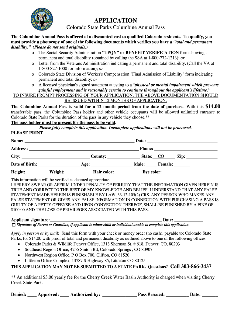 Columbine Parks Pass  Form