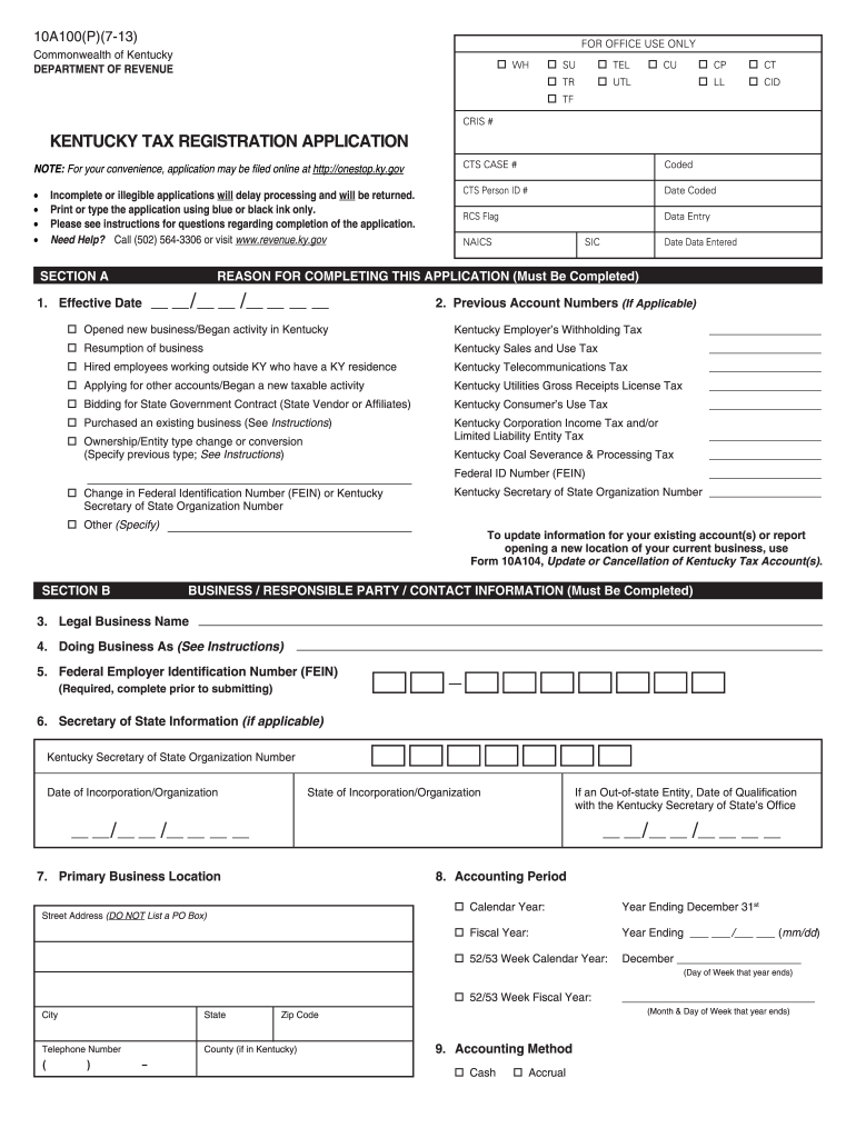  Kentucky Form 10a100 2013