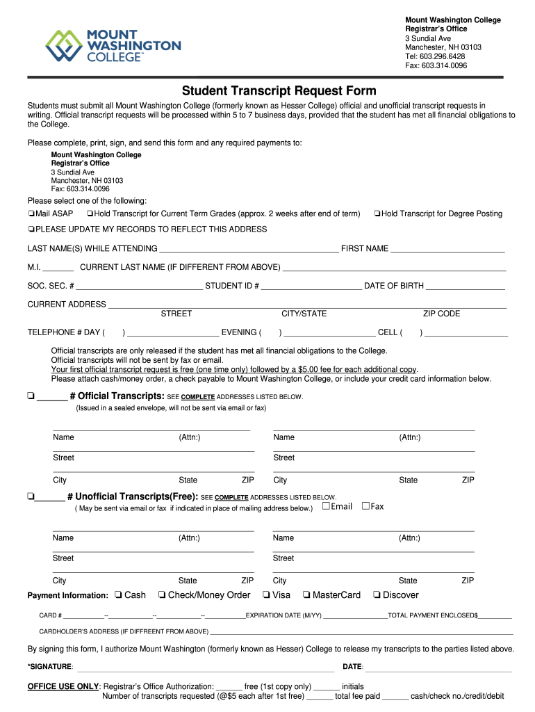 Mount Washington College Transcript Request  Form
