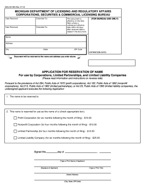 Application for Reservation of Name LARA Dleg State Mi  Form