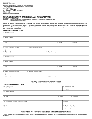 DEBT COLLECTOR&amp;#39;S ASSUMED NAME REGISTRATION Dleg State Mi  Form