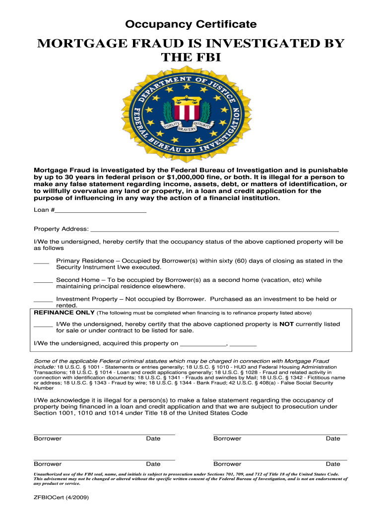 Get and Sign Fbi Occupancy Certificate 2009-2022 Form