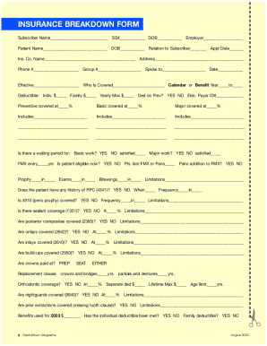 Dental Insurance Cheat Sheet  Form