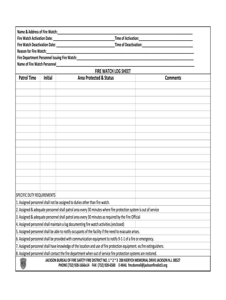 Fire Watch Log Sheet  Form