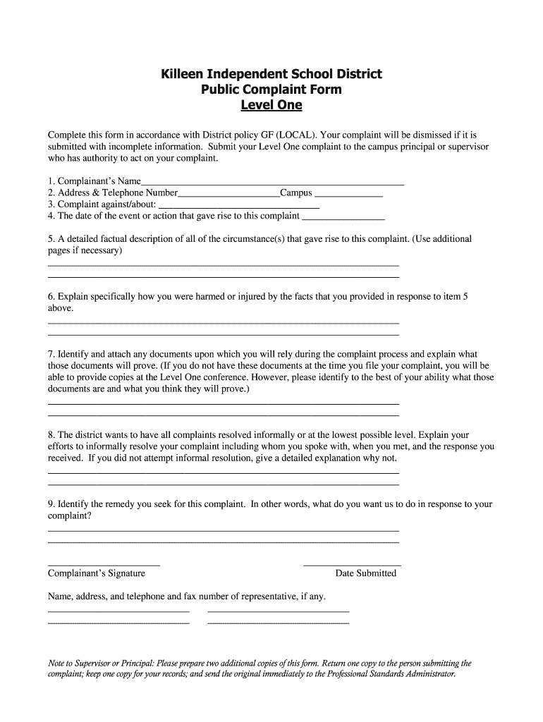 Killeen Complaint  Form