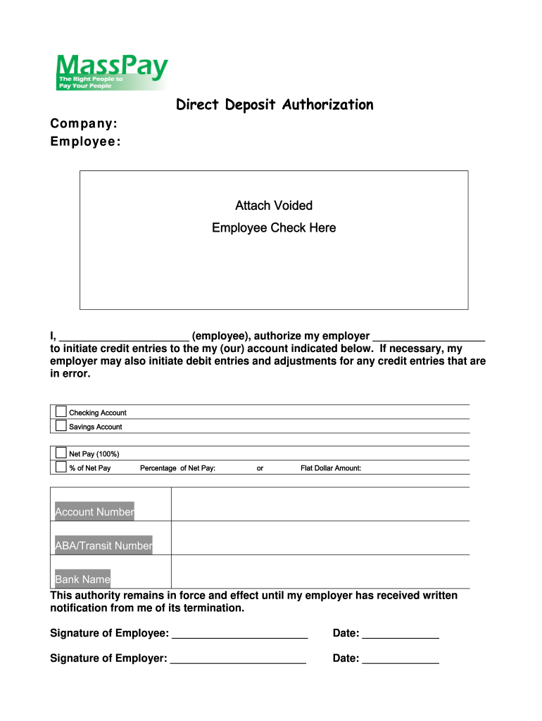 Direct Deposit Authorization Form MassPay