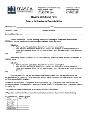 Housing Withdrawal Form Itasca Community College Itascacc
