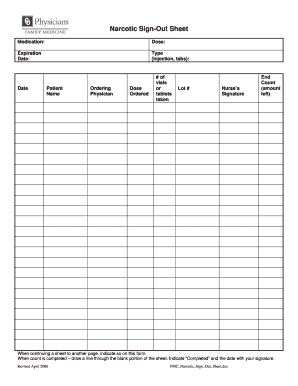 Narcotic Sign Out Sheet  Form