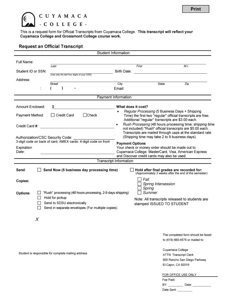 Cuyamaca College Transcripts  Form