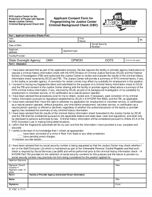 Applicant Consent Form for Fingerprinting for Justice Center