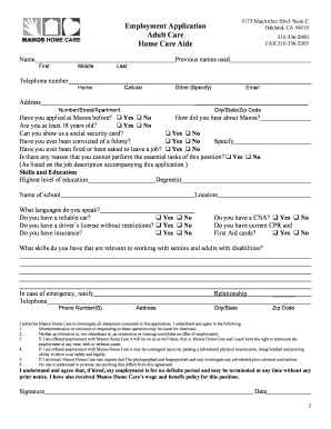 Home Health Care Employment Application Template  Form