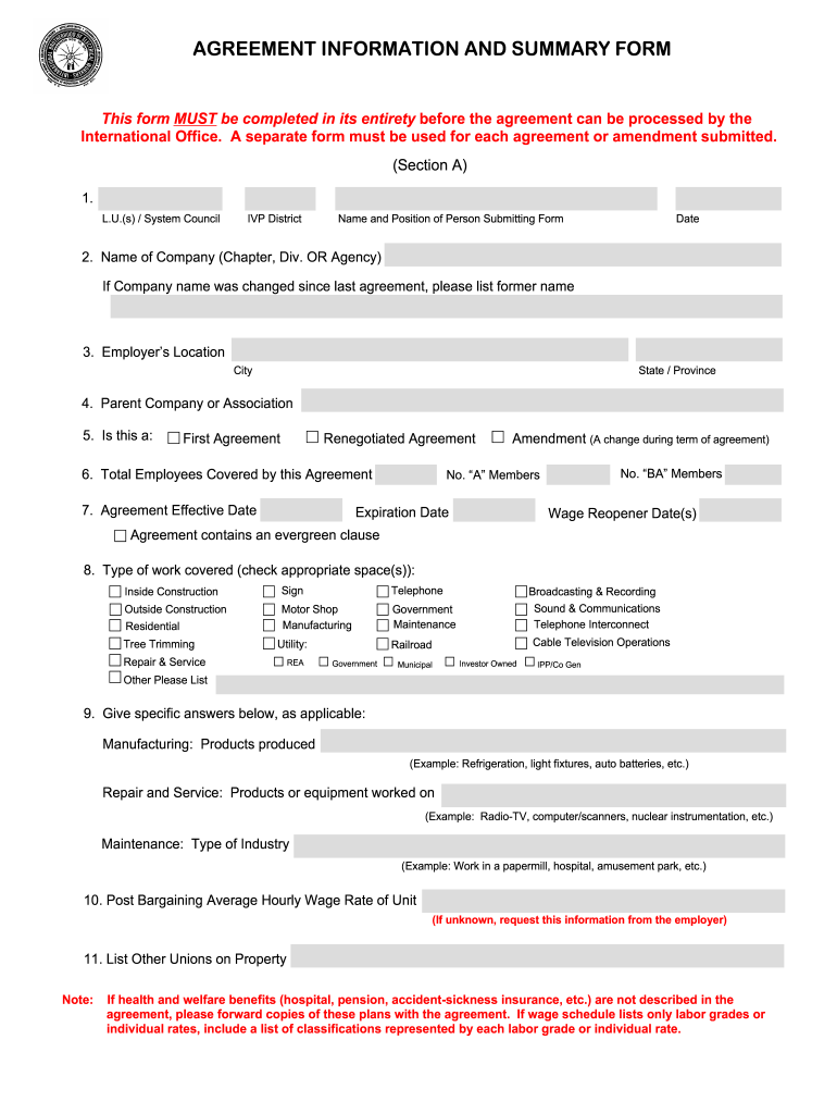 Agreement Summary Form