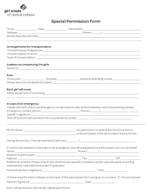 Special Permission Form Girl Scouts of Central Indiana Girlscoutsindiana