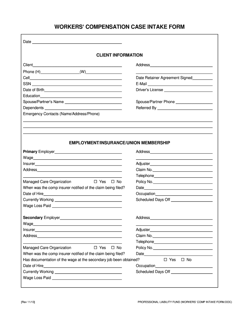  Workers Compensation Intake Form 2013-2024