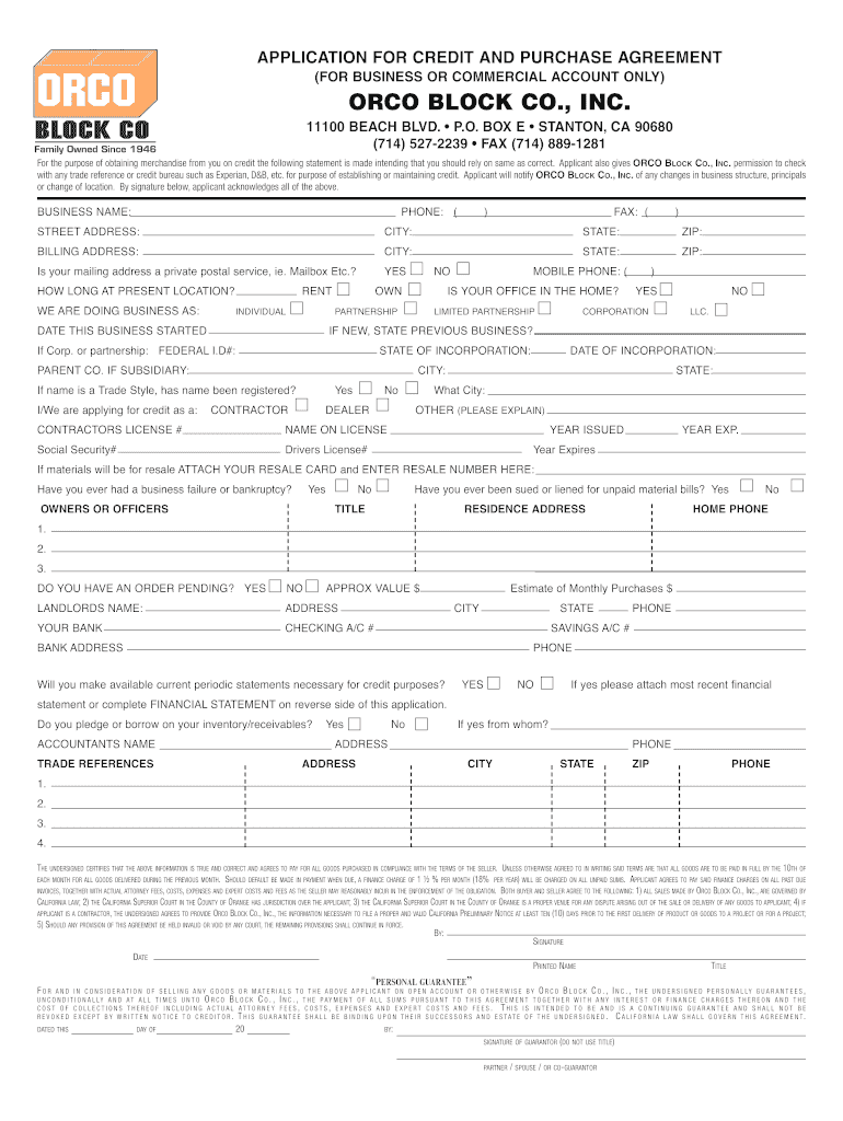 Orco Block Credit App Ication  Form