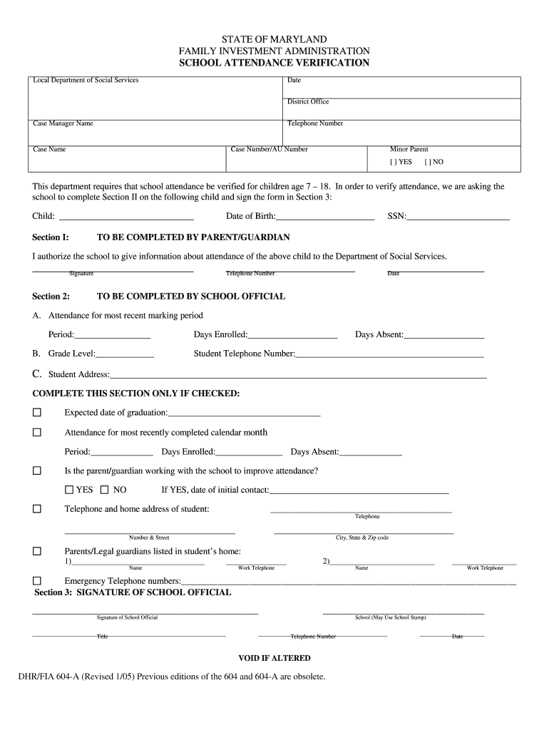  604 School Attendance Verification Form 2005