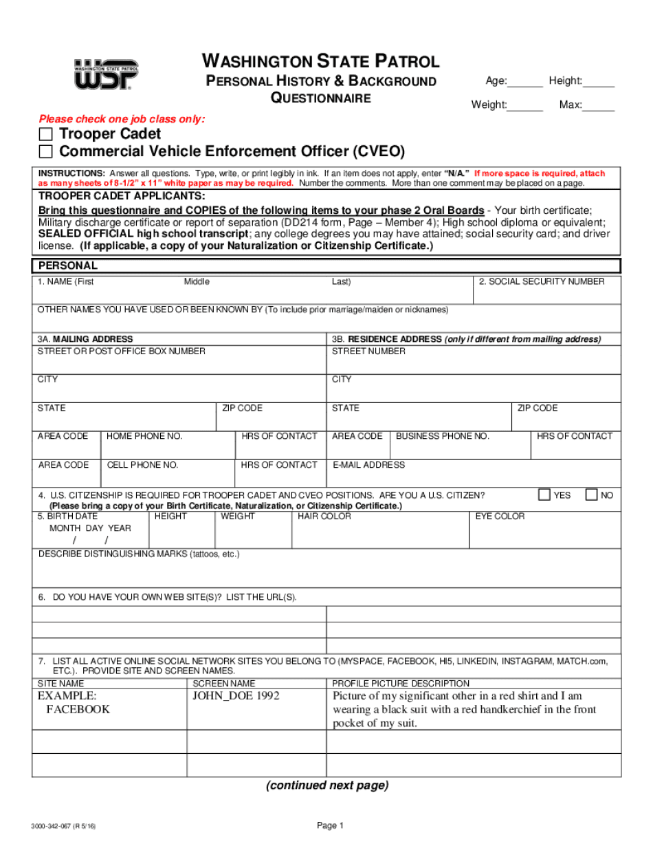 Trooper Cadet and CVEO Personal History and Background Questionnaire OnlineWord Wsp Wa  Form