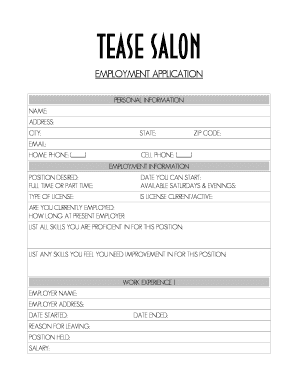 Employment Application Tease Salon Teasesalon  Form