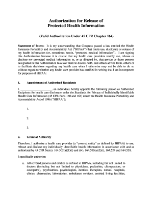 Valid Authorization under 45 CFR Chapter 164  Form