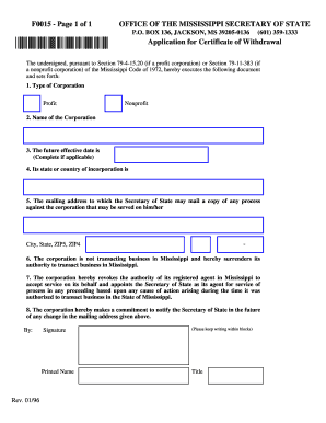 F0015 Page 1 of 1 OFFICE of the MISSISSIPPI SECRETARY of  Form