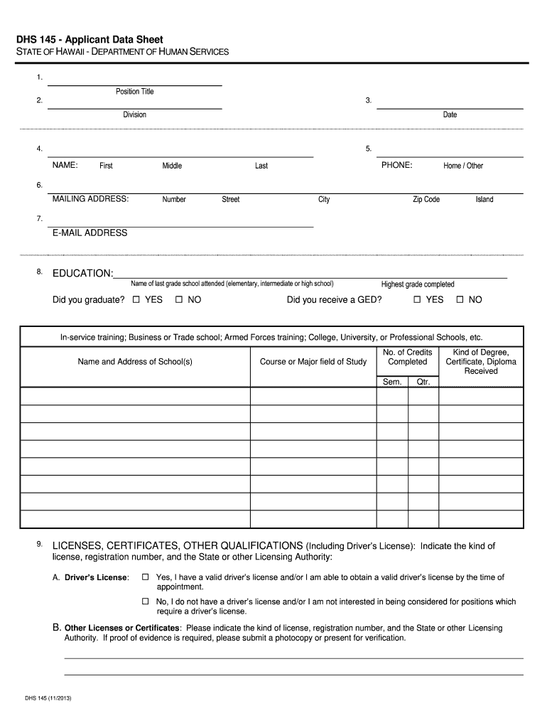  DHS 145  APPLICANT DATA SHEET 2013