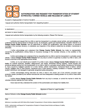 AUTHORIZATION and REQUEST for TRANSPORTATION of STUDENT Ocps  Form