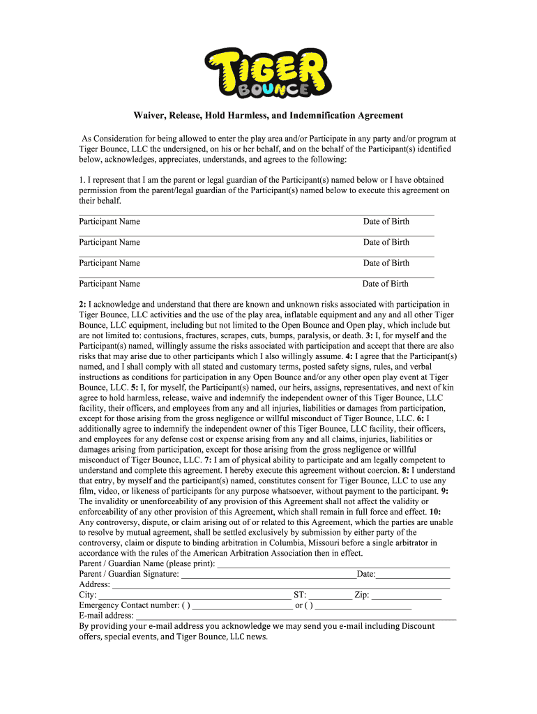 Tiger Bounce Liability Waiver DOCX  Form