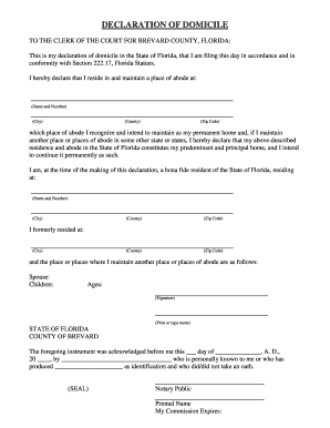 Declaration of Domicile Brevard County  Form