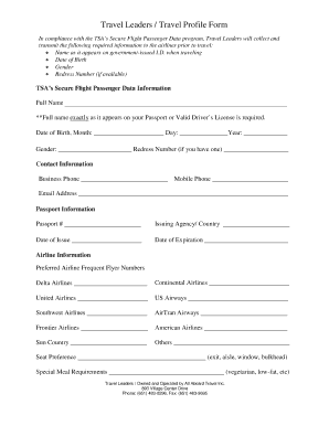 Travel Leaders Travel Profile Form