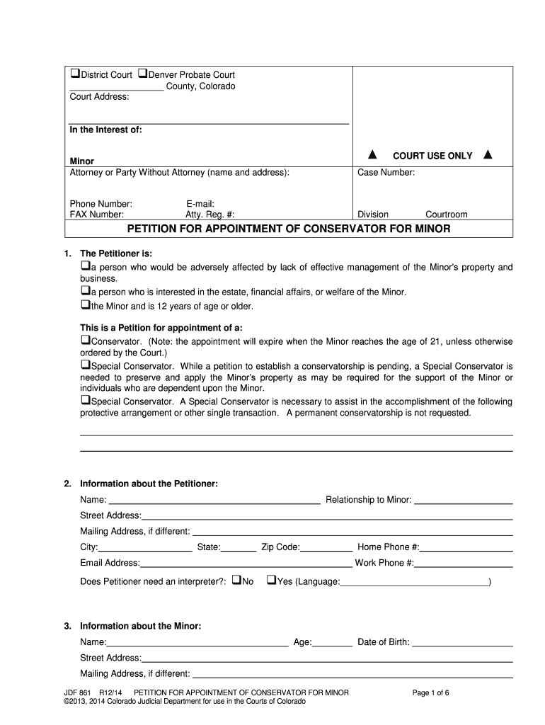 JDF 861 R1214 PETITION for APPOINTMENT of CONSERVATOR for MINOR Page 3 of 6 , Colorado Judicial Department for Use in the Courts  Form