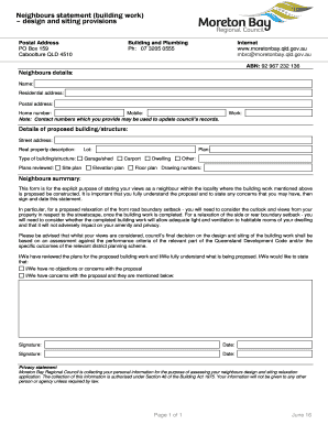 Neighbours Statement Building Work Design and Siting Provisions  Form