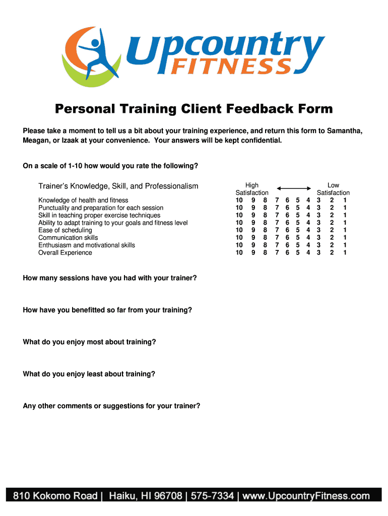 Personal Training Client Feedback Form