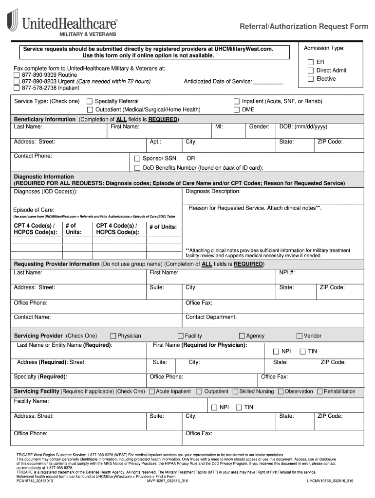  United Healthcare Military and Veterns Referral Authorization Form 2016-2024