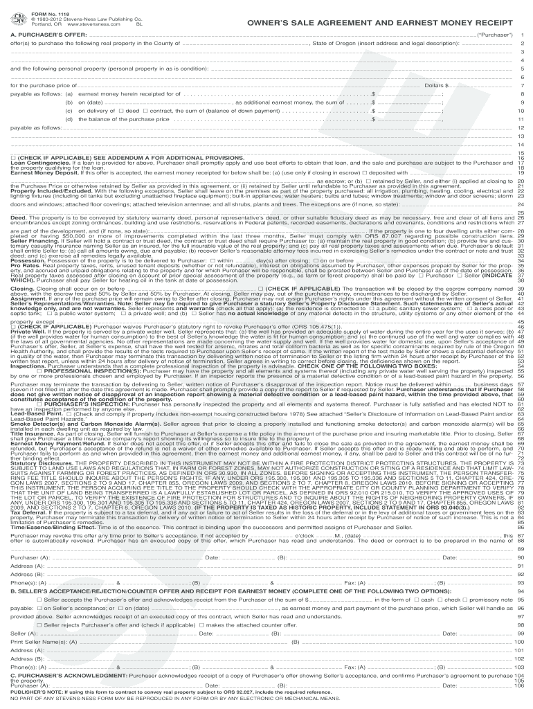 Owners Sale Agreement and Earnest Money Receipt  Form