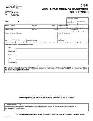 C1051 QUOTE for MEDICAL EQUIPMENT WCB Alberta Wcb Ab  Form