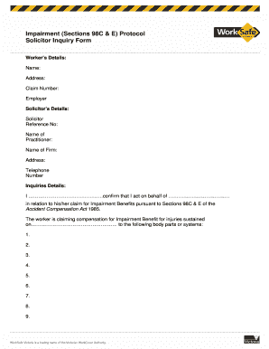 Impairment Sections 98C &amp; E Protocol Solicitor Inquiry Form WSV Branded DOC Worksafe Vic Gov