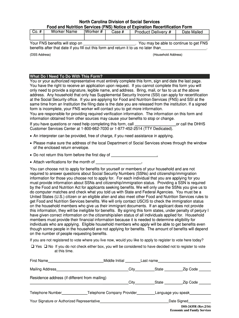  DSS 2435I Food and Nutrition Services FNS Notice of Expiration and Recertification Form 2016