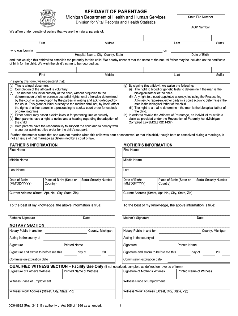  Affidavit of Parentage 2016