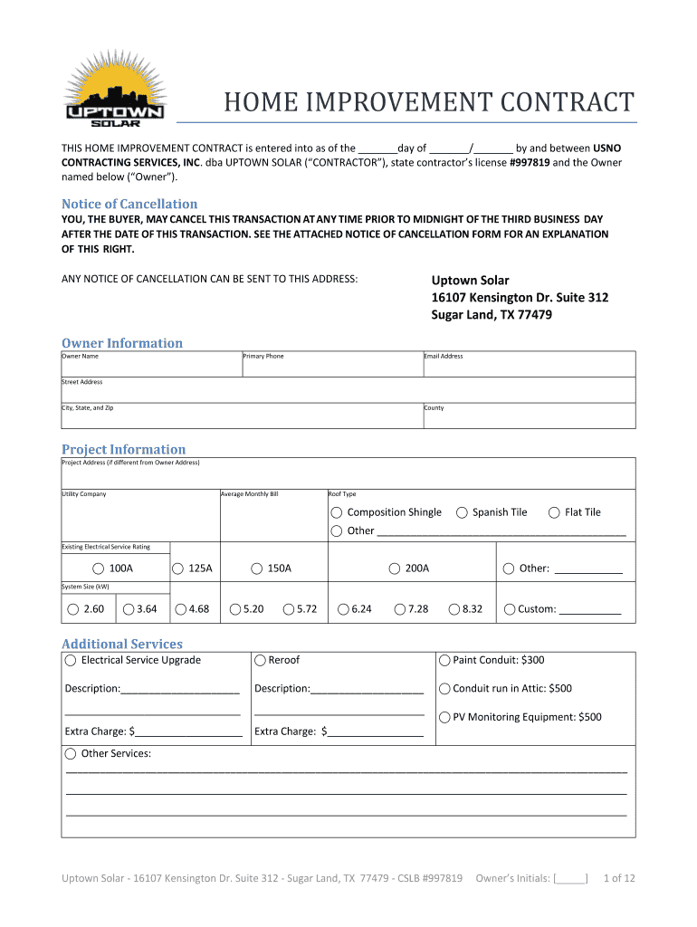 HOME IMPROVEMENT CONTRACT Solar Twist Solartwist  Form