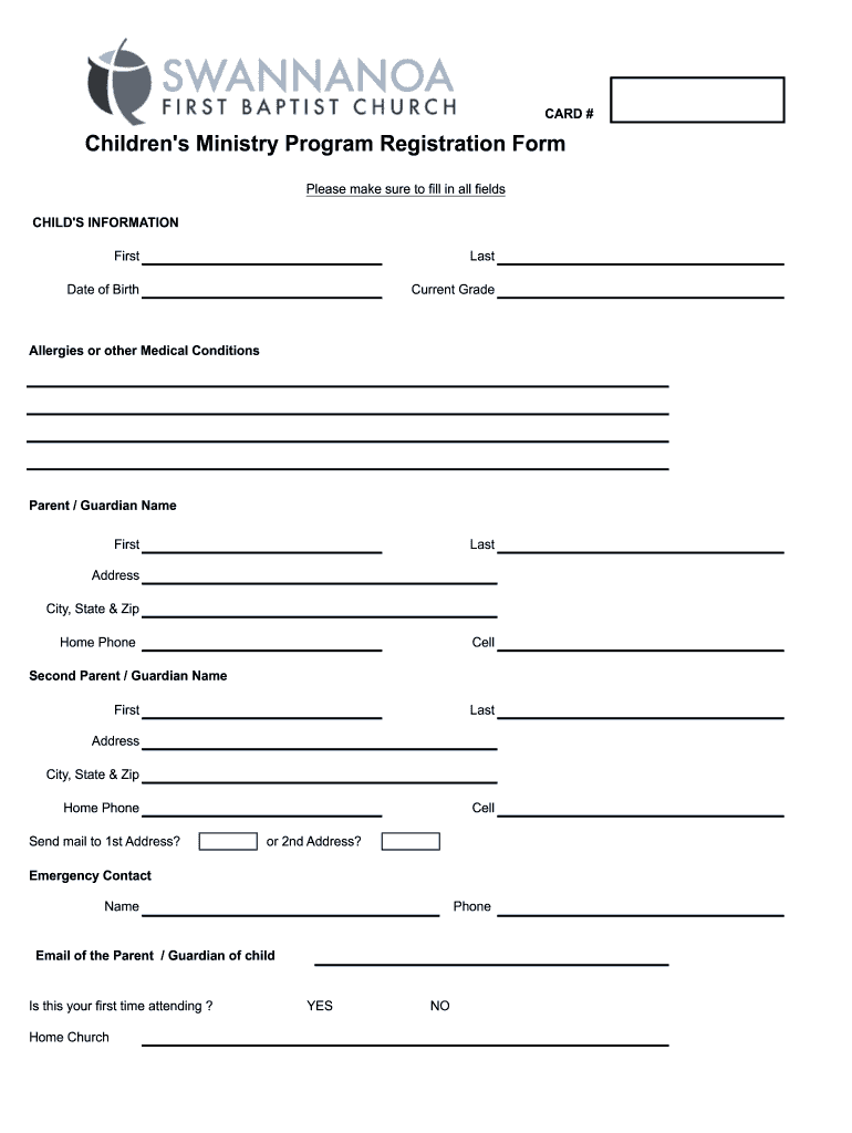 CARD # Children 's Ministry Program Registration Form  Fbcswan