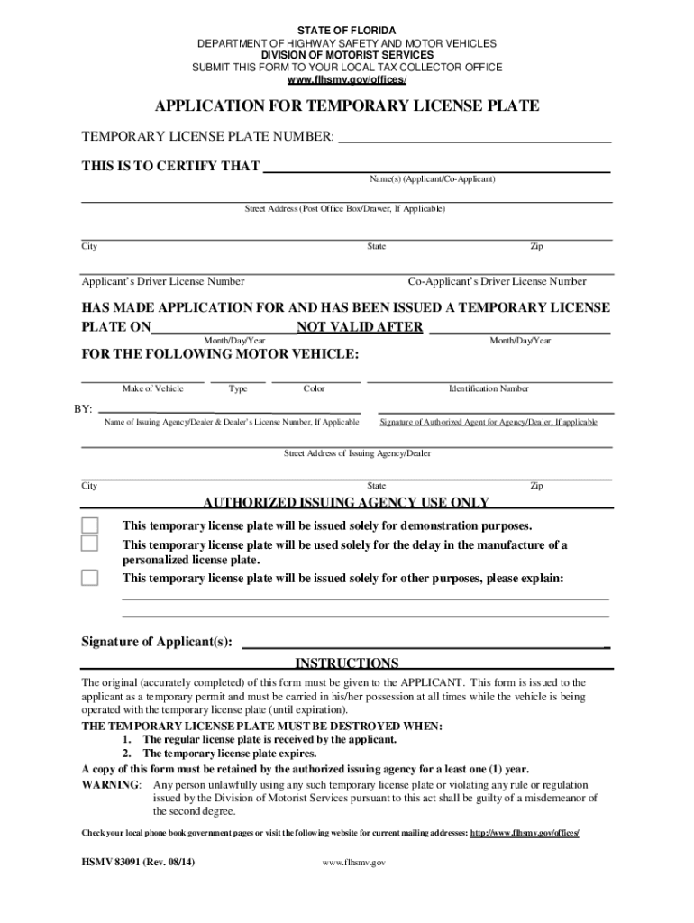 Florida Temporary Tag Online  Form