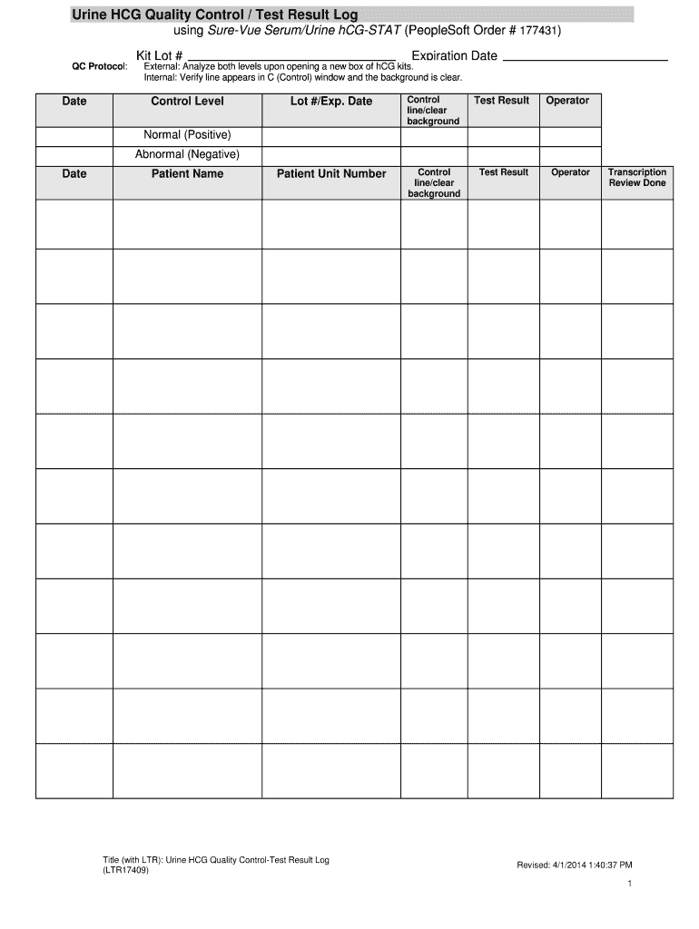 Urine HCG Quality Control Test Result Log Using Sure Vue Massgeneral  Form